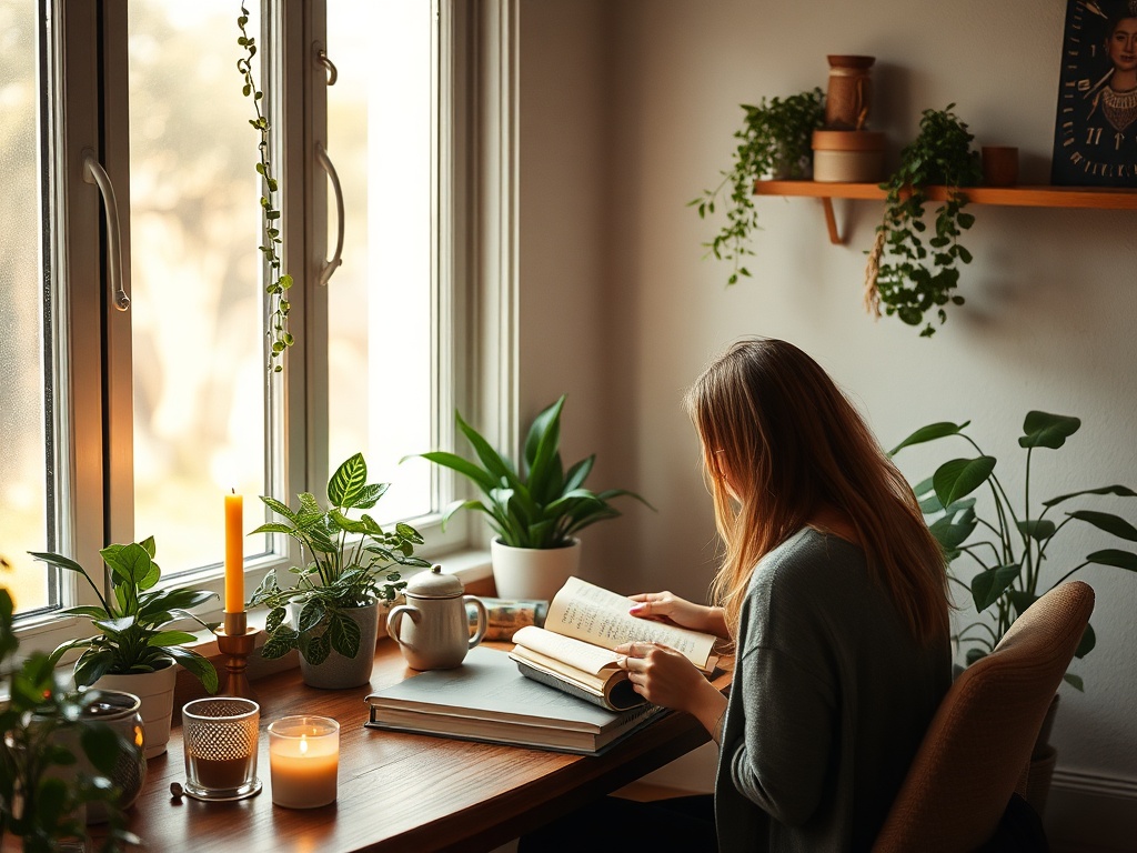 "Warm cozy workspace" "soft morning light through window" "woman writing in journal with tea" "calm plants and candles" "gentle neutral colors"