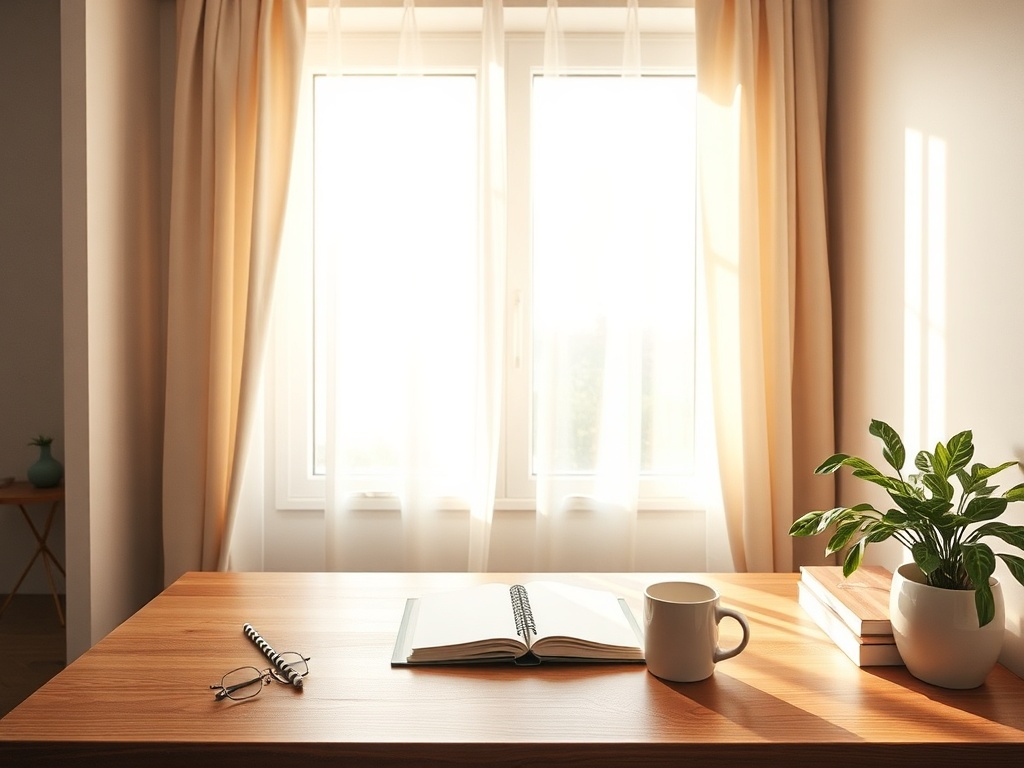 "calm home workspace" "sunlit window with sheer curtains" "minimal wooden desk with notebook, plant, mug" "soft neutral tones, warm morning light" "peaceful, organized, inviting atmosphere"