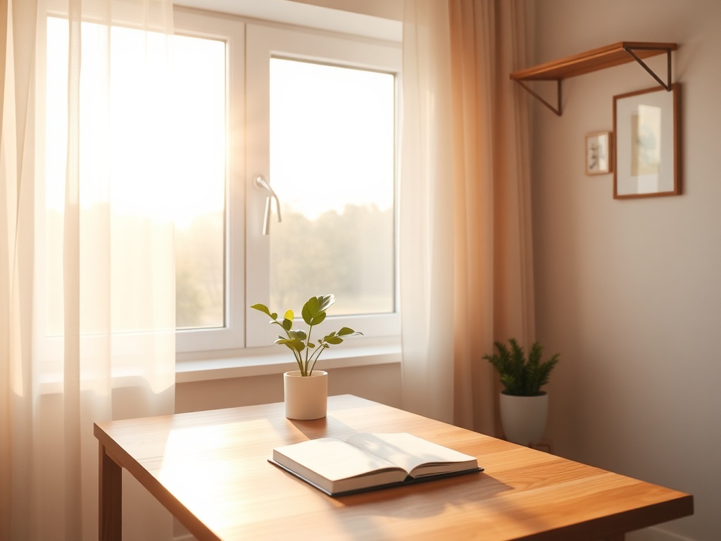 "calm home workspace" "sunlit window with sheer curtains" "minimal wooden desk with notebook, plant, mug" "soft neutral tones, warm morning light" "peaceful, organized, inviting atmosphere"