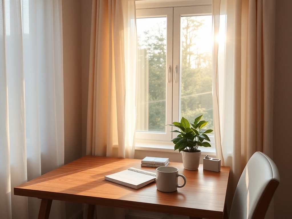 "calm home workspace" "sunlit window with sheer curtains" "minimal wooden desk with notebook, plant, mug" "soft neutral tones, warm morning light" "peaceful, organized, inviting atmosphere"