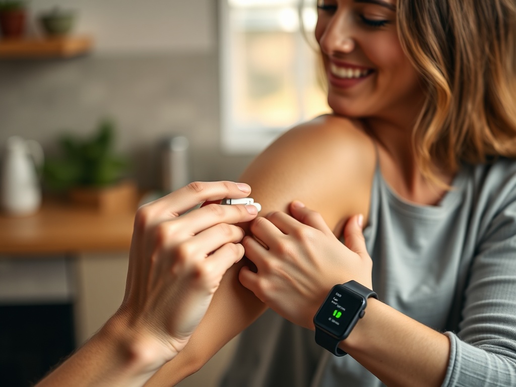 "close-up hands inserting a small glucose sensor on upper arm" "woman smiling, relaxed, mid-30s" "soft morning light" "healthy plated meal nearby" "smartwatch showing subtle green glow" "cozy kitchen background, warm tones"