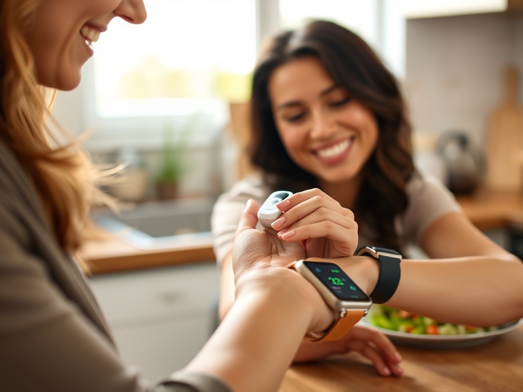 "close-up hands inserting a small glucose sensor on upper arm" "woman smiling, relaxed, mid-30s" "soft morning light" "healthy plated meal nearby" "smartwatch showing subtle green glow" "cozy kitchen background, warm tones"