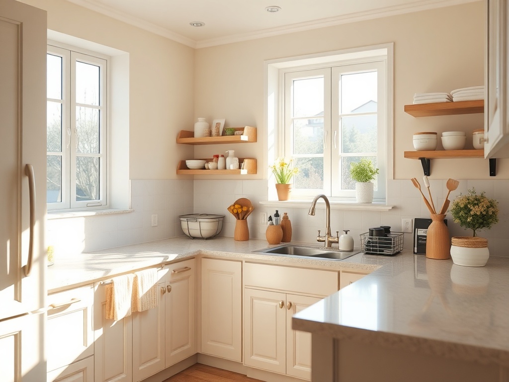 "Warm sunlit kitchen" "organized countertops" "neat cleaning caddy" "soft pastel color palette" "gentle morning atmosphere"