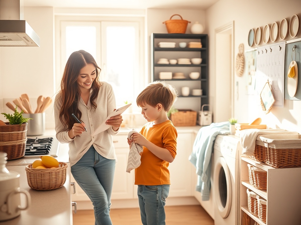 "bright modern kitchen" "busy family morning routine" "parent checking checklist on tablet" "child folding laundry" "sunlight, warm tones" "organized baskets, calendar board"