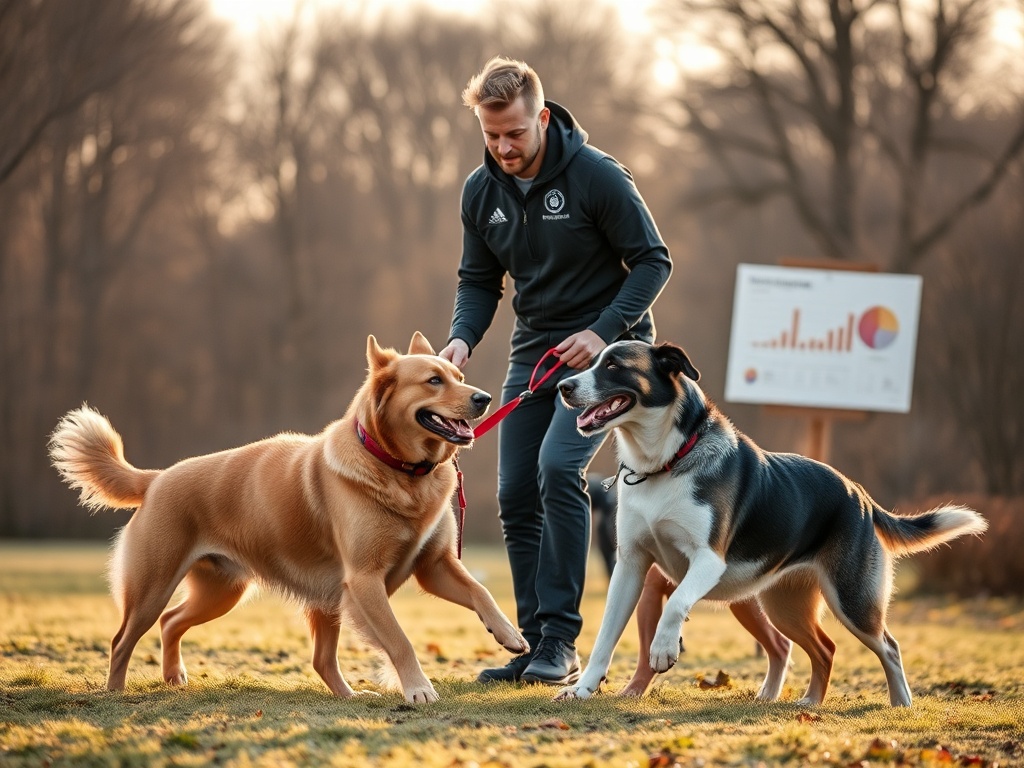 A focused trainer guiding a fit dog team outdoors, dynamic movements, harmonious cooperation, subtle science vibe with charts and calm energy, warm lighting.