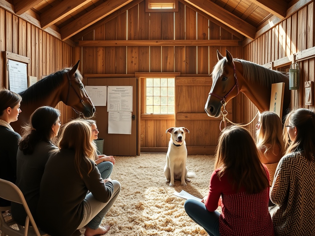 "Warm cozy classroom on a farm" "small group gathered around a trainer" "trainer demonstrating gentle telepathic connection with a calm dog and horse" "sunlit barn interior, natural materials" "visuals of lesson flow