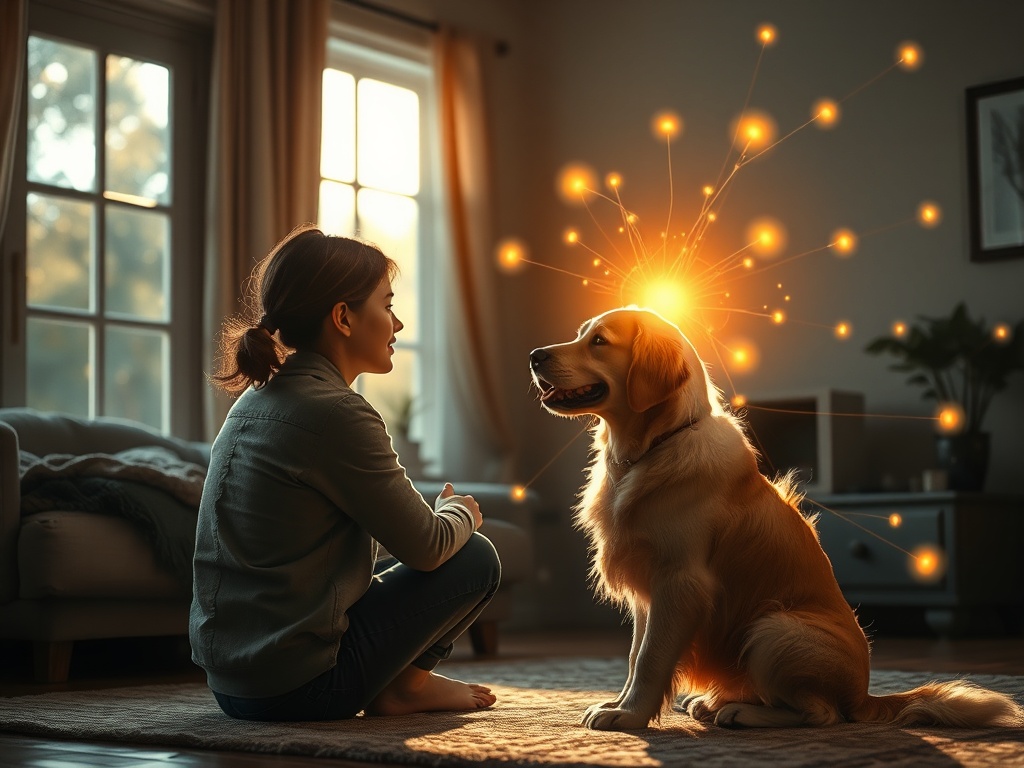 "serene living room" "person and golden retriever facing each other, gentle eye contact" "soft warm sunlight through window" "subtle glowing energy threads connecting their hearts" "calm peaceful atmosphere, muted earthy colors"