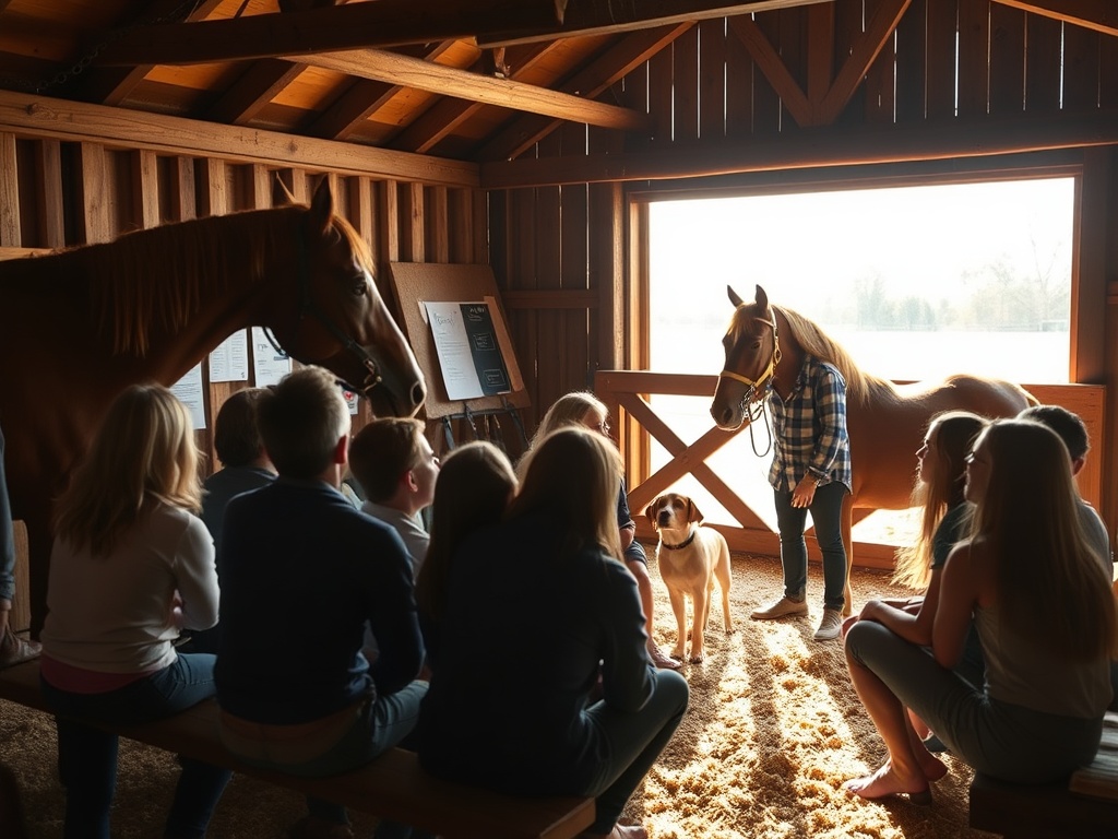 "Warm cozy classroom on a farm" "small group gathered around a trainer" "trainer demonstrating gentle telepathic connection with a calm dog and horse" "sunlit barn interior, natural materials" "visuals of lesson flow
