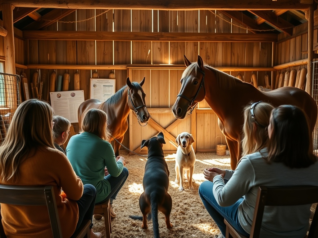 "Warm cozy classroom on a farm" "small group gathered around a trainer" "trainer demonstrating gentle telepathic connection with a calm dog and horse" "sunlit barn interior, natural materials" "visuals of lesson flow