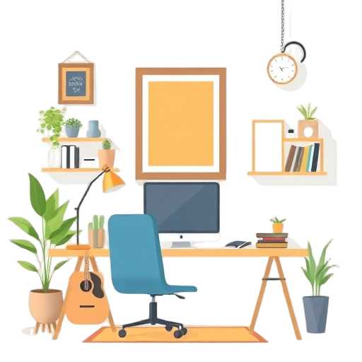 Carefully describe an image in great detail that needs to be generate, use quotes to split visual things. You MAY only use up to 3 words." "home workspace"