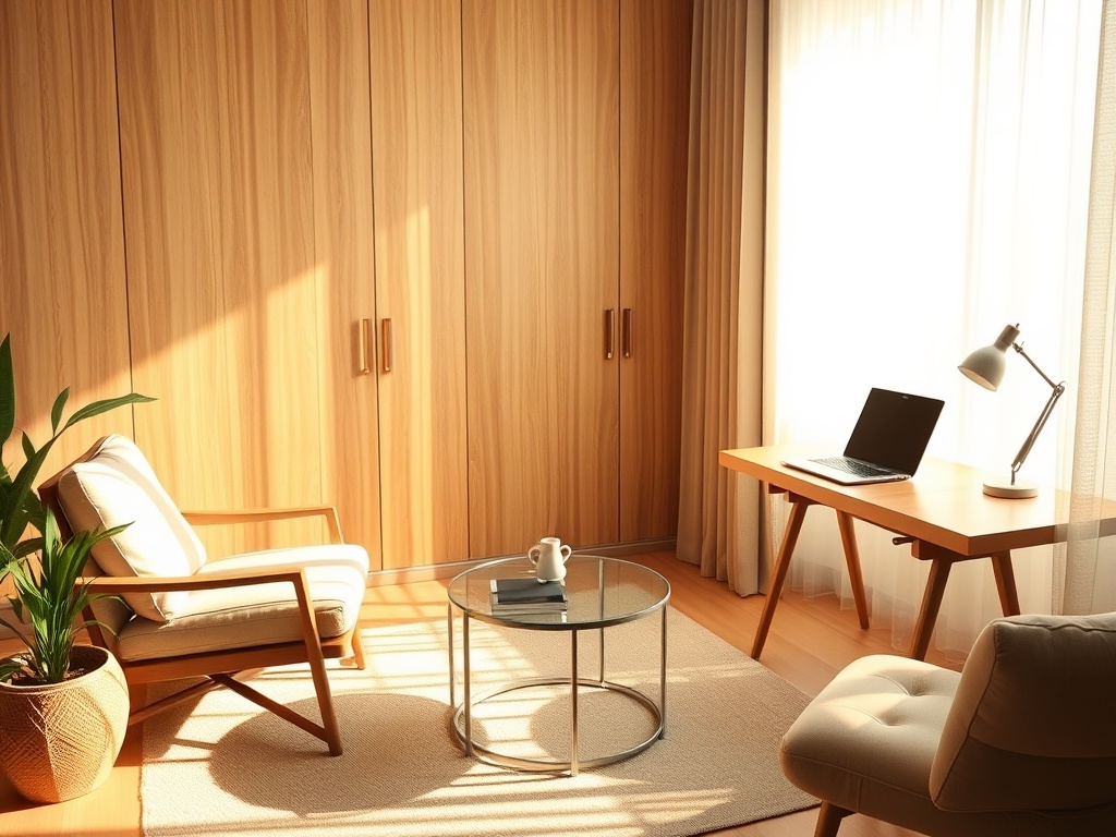 "A warm, sunlit private room with a comfortable chair, soft cushions, and a laptop on a desk; a calm silhouette listens attentively across a small coffee table."