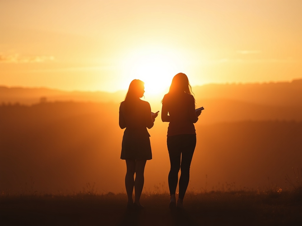 "soft morning light, three women silhouettes sharing heartfelt moments, journaling, warm colors, subtle abstract heart-shaped paths, calm atmosphere, minimal cinematic"