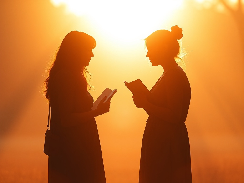 "soft morning light, three women silhouettes sharing heartfelt moments, journaling, warm colors, subtle abstract heart-shaped paths, calm atmosphere, minimal cinematic"