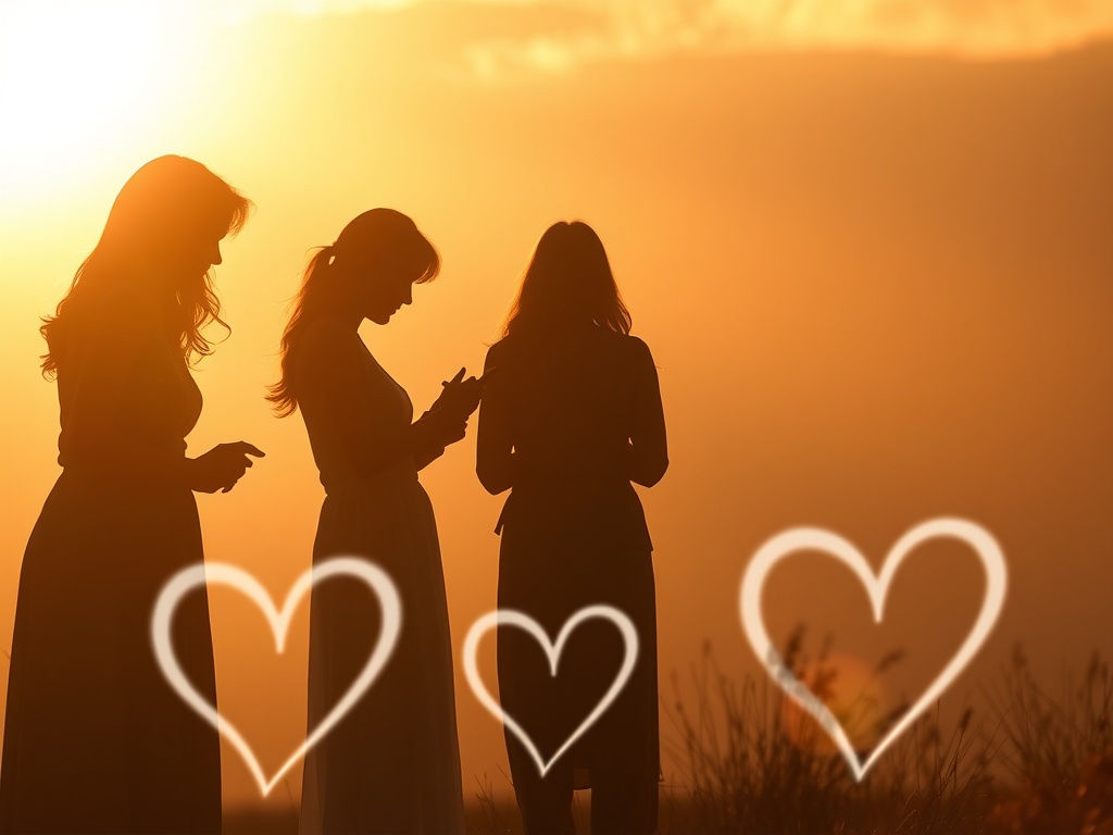 "soft morning light, three women silhouettes sharing heartfelt moments, journaling, warm colors, subtle abstract heart-shaped paths, calm atmosphere, minimal cinematic"