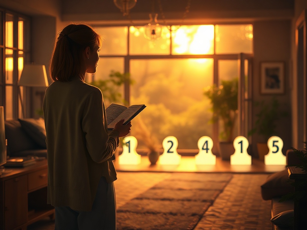 A serene home interior, warm morning light, a woman in quiet reflection holding a journal, flowing path of six glowing milestones, soft calming colors. "You MUST not include ANY brand images or logos. You may ONLY reply with the format given. If you do NO