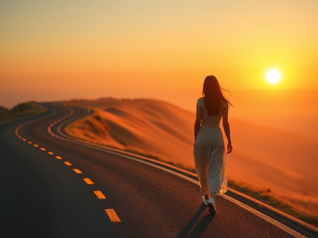 A serene woman mentor guiding another woman on a winding road of glowing milestones, warm daylight, abstract waves of calm, digital course vibe, gentle sunrise.
