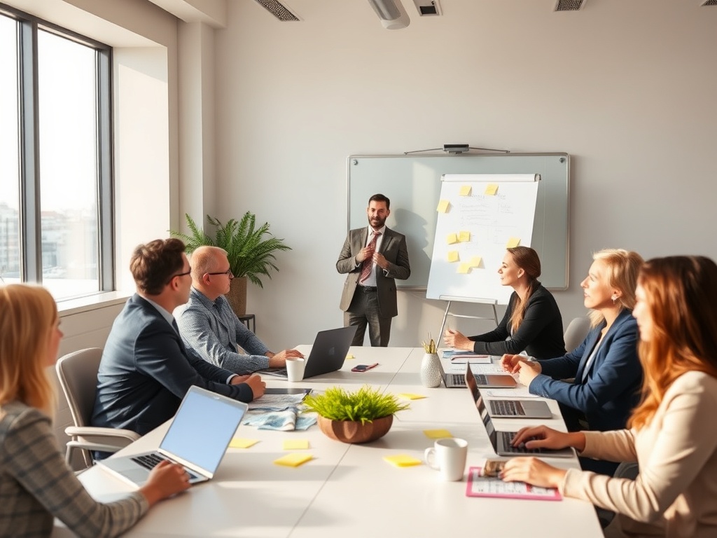 "conference room" "diverse professionals seated around table" "trainer at flipchart gesturing" "sticky notes, laptops, coffee cups" "warm attentive expressions" "soft natural light, modern Dutch cityscape visible through window"