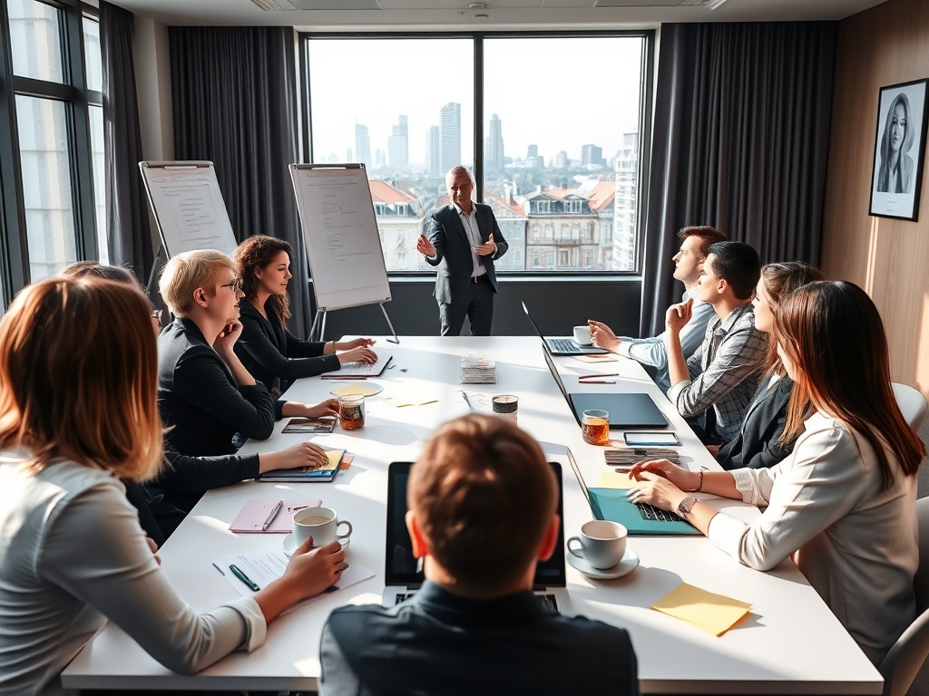 "conference room" "diverse professionals seated around table" "trainer at flipchart gesturing" "sticky notes, laptops, coffee cups" "warm attentive expressions" "soft natural light, modern Dutch cityscape visible through window"