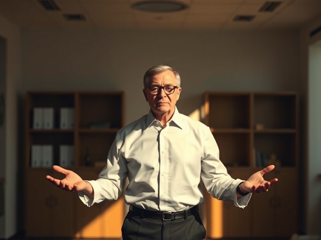A determined leader in a minimalist office, hands open in self-awareness, shadows of old reflexes dissolving into warm light, calm focus, cinematic depth."