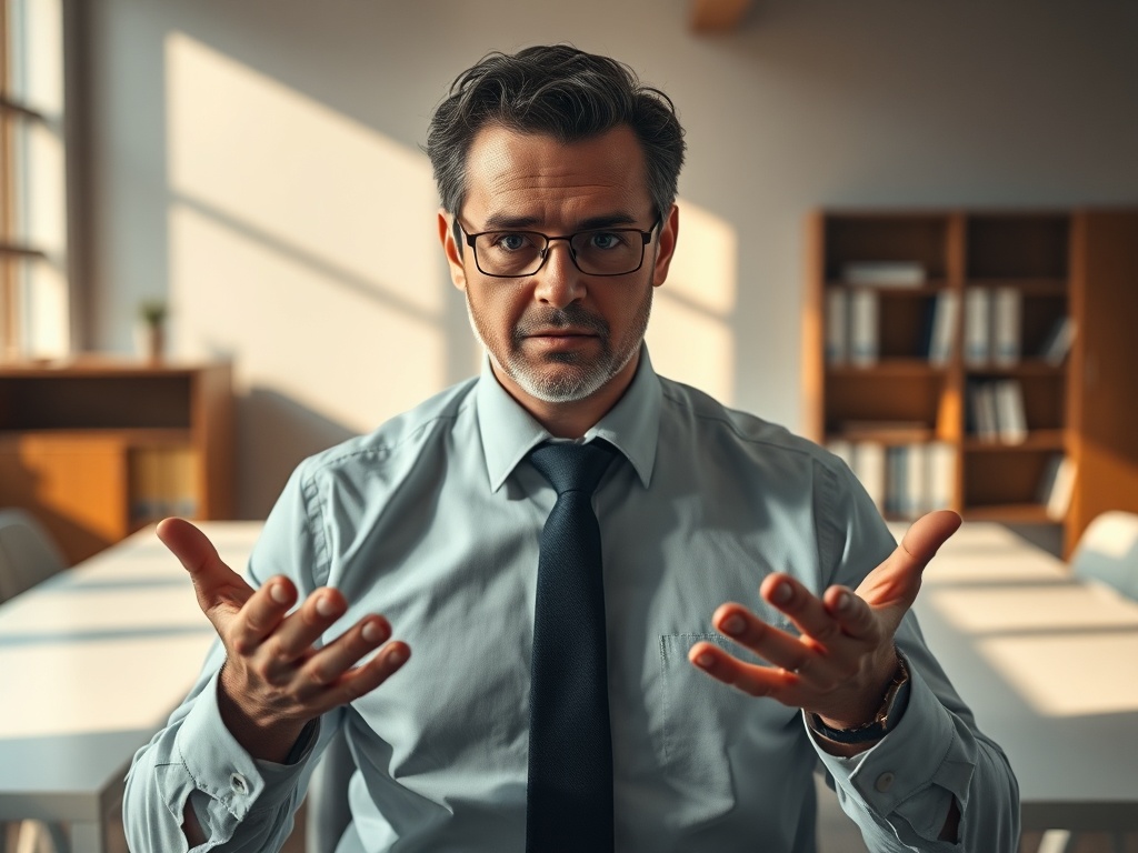 A determined leader in a minimalist office, hands open in self-awareness, shadows of old reflexes dissolving into warm light, calm focus, cinematic depth."