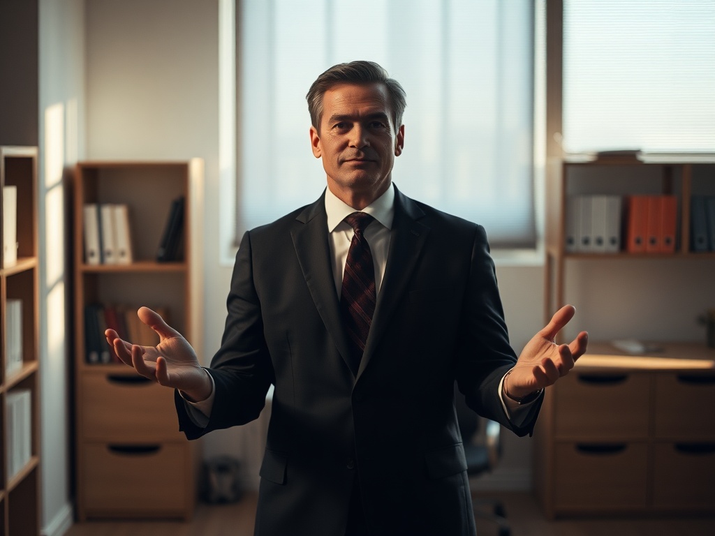 A determined leader in a minimalist office, hands open in self-awareness, shadows of old reflexes dissolving into warm light, calm focus, cinematic depth."