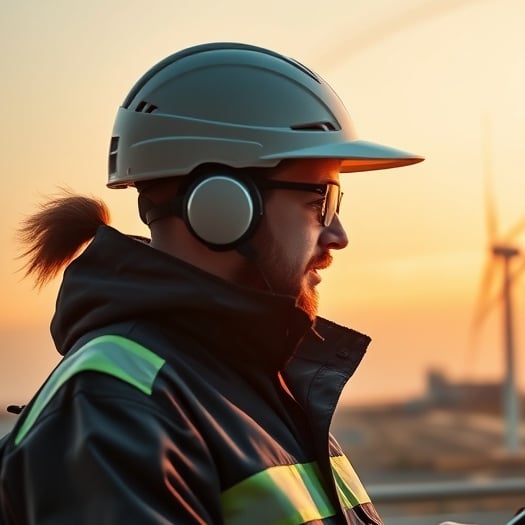 "busy technician with tablet" "sleek modern dashboard hologram" "small urban wind turbine in background" "warm golden-hour lighting" "dynamic motion blur"