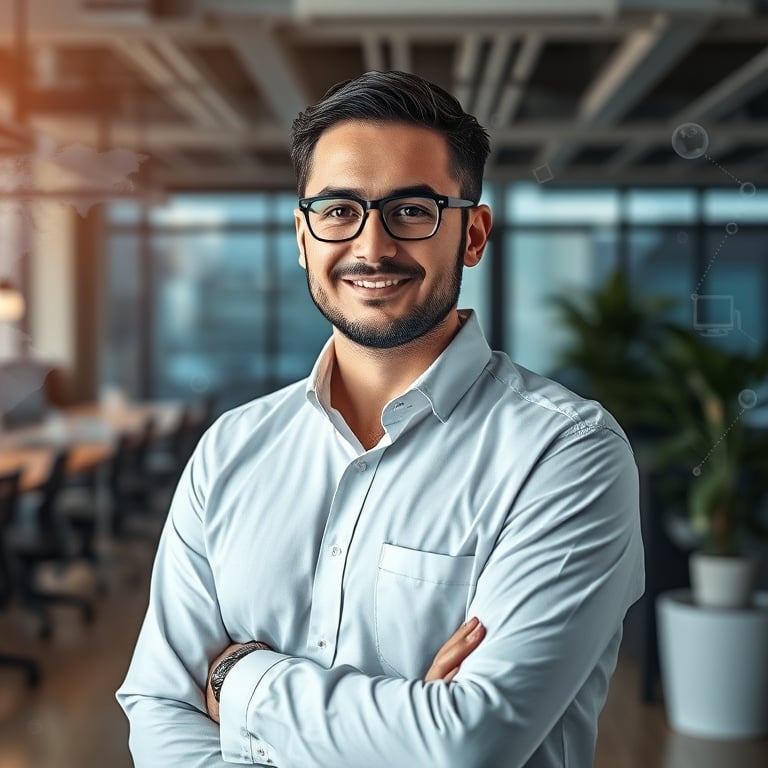 "A confident IT consultant standing in a modern coworking space" "digital map overlay highlighting local regions" "floating AI icons and data streams" "warm professional lighting"