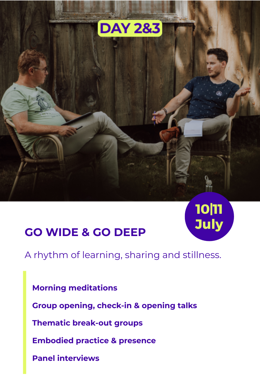 Graphic of two men in conversation, sitting outside, and overview whwat the 2nd & 3rd day of the Enneagram Europe Summer School Retreat are about