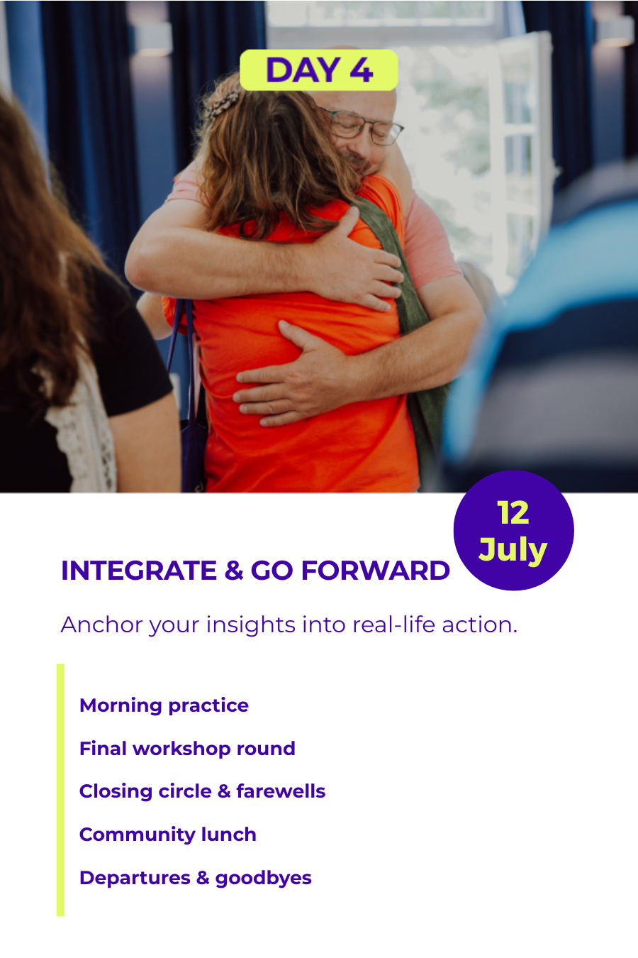 Graphic of a man and woman hugging goodbye & text with overview of the 4th day of the Enneagram Europe Summer School Retreat