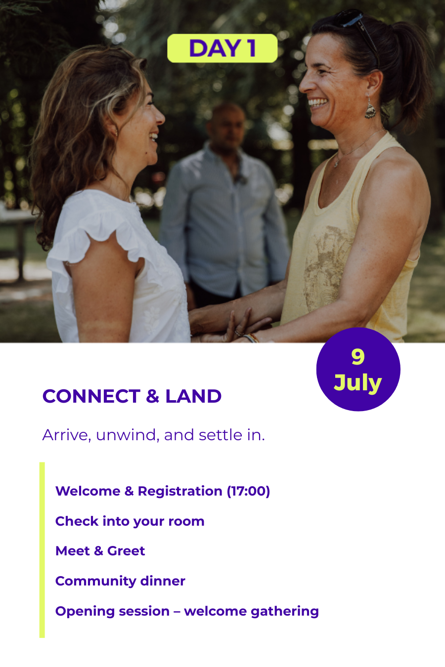 Graphic of two ladies standing in front of eachother outside, looking at eachother in a compassionate way & text with overview of the 1st day of the Enneagram Europe Summer School Retreat