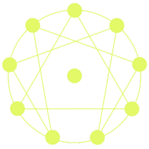 Enneagram symbol as designed by Enneagram Europe - in neon with large dots at the position of the nine points and nr 10 in the middle
