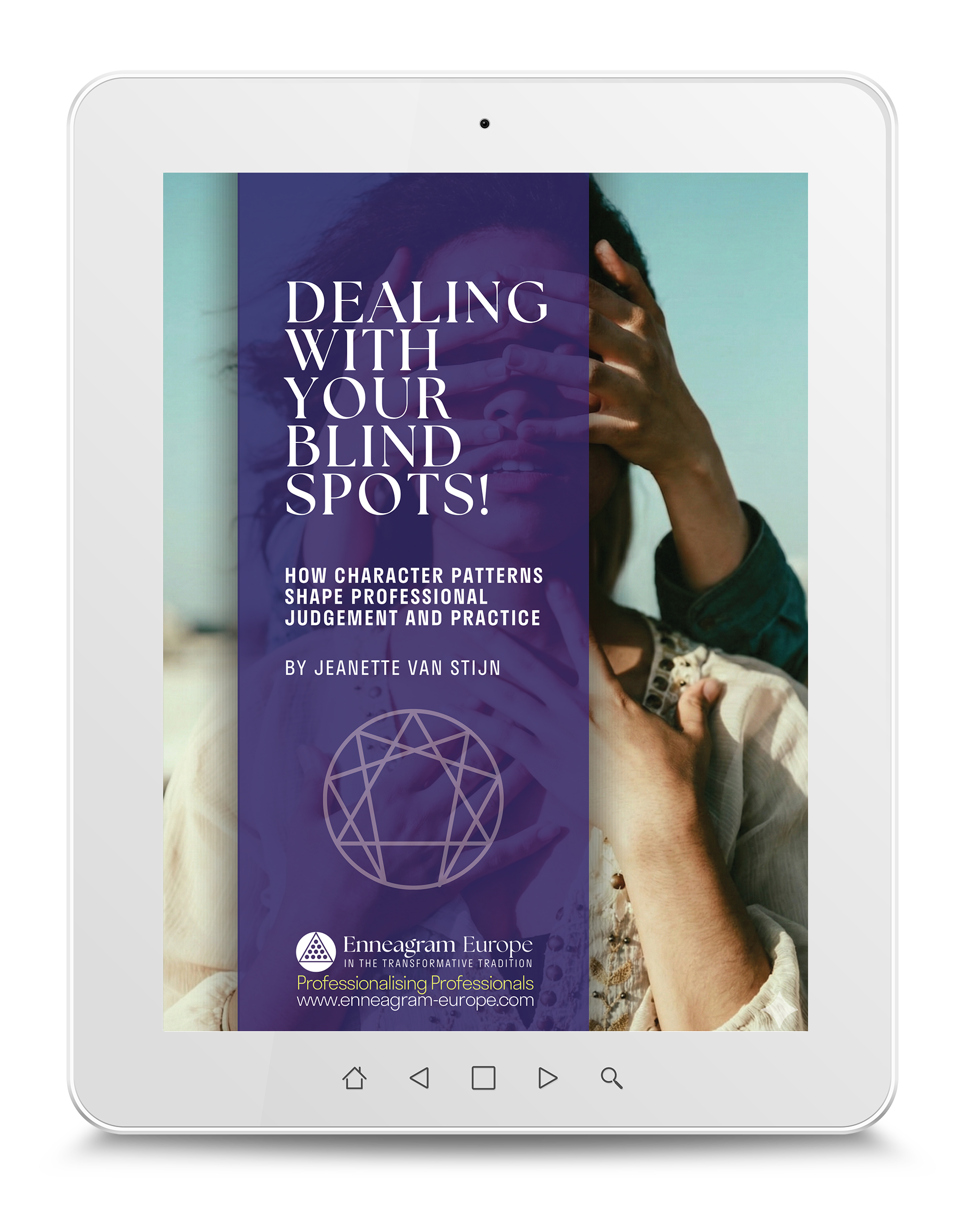 Cover of the ebook "Dealing with Your Blind Spots" by Jeanette van Stijn, Enneagram Europe. Displayed on a tablet.