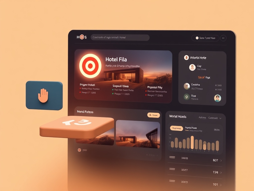 "Minimalist hotel website dashboard" "three glowing modules floating" "icons