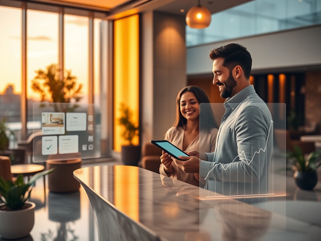 "Elegant boutique hotel lobby at dusk" "warm golden lighting" "modern UX-style floating glass panels displaying room layouts" "concise checklists on digital tablets" "happy couple checking in" "subtle revenue graphs holographically projected" "cozy boutiq