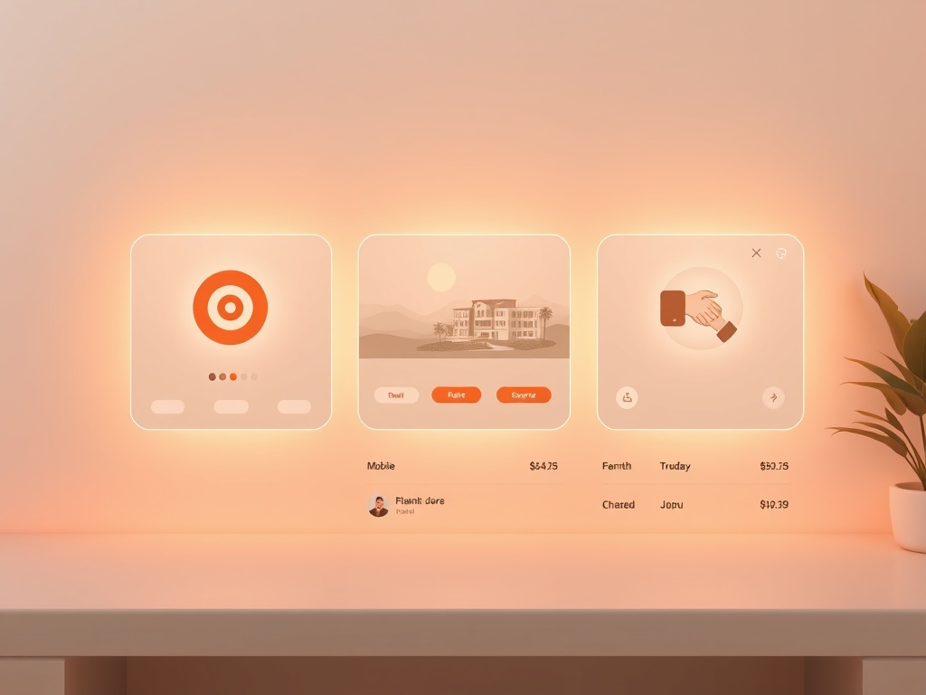 "Minimalist hotel website dashboard" "three glowing modules floating" "icons