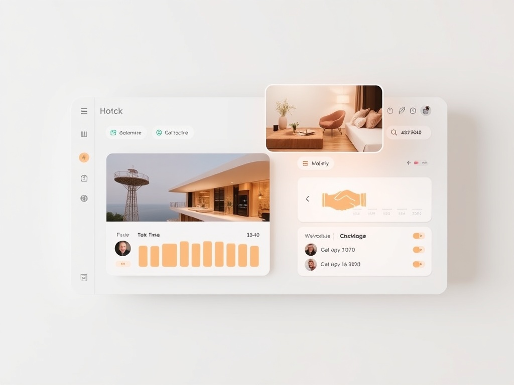 "Minimalist hotel website dashboard" "three glowing modules floating" "icons