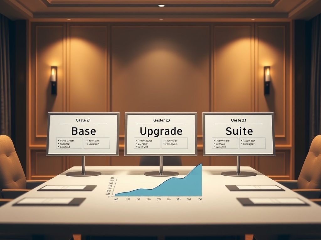 "A sophisticated hotel strategy scene with a conference table, three labeled room types (Base, Upgrade, Suite) artfully displayed on boards, a model revenue graph, warm lighting, elegant decor, subtle team discussion."