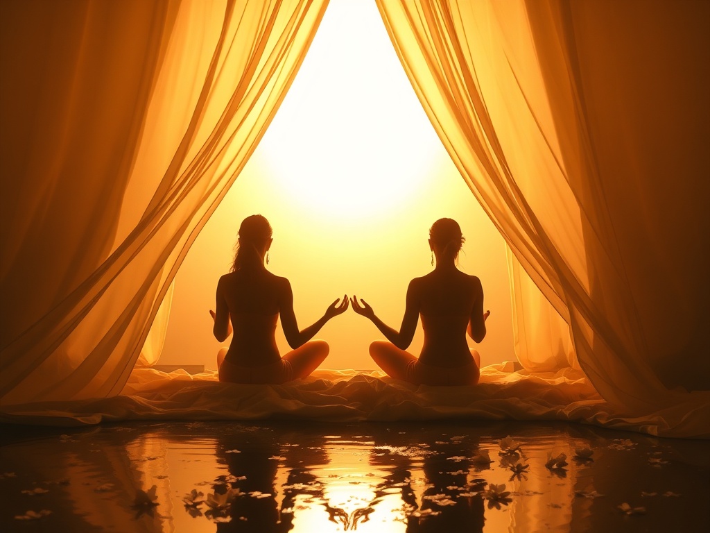 Warm, serene womb-like interior metaphor with soft golden sunlight, flowing fabric, gentle female silhouettes in meditation, calming water and blossoms, soft focus, no symbols.