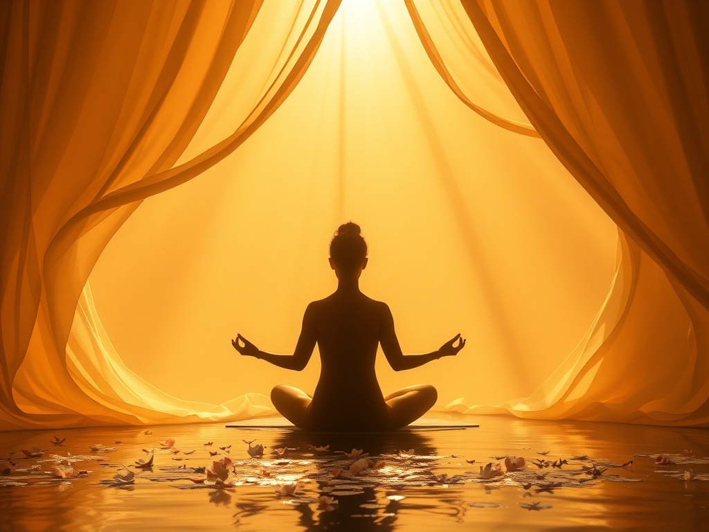Warm, serene womb-like interior metaphor with soft golden sunlight, flowing fabric, gentle female silhouettes in meditation, calming water and blossoms, soft focus, no symbols.