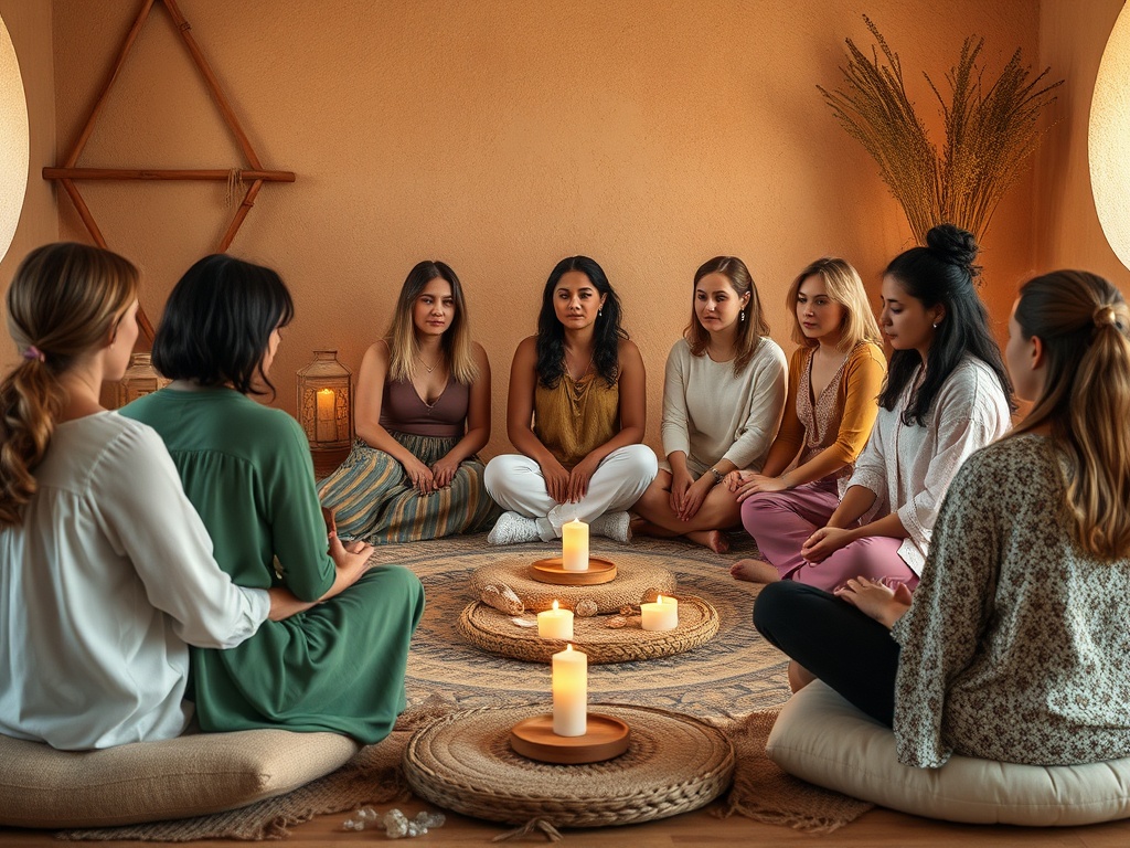 A warm, intimate circle of diverse women seated on cushions in a softly lit, earthy room; gentle glow, healing crystals, and a nurturing, safe atmosphere.