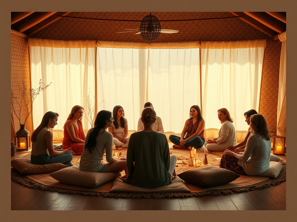 A warm, intimate circle of diverse women seated on cushions in a softly lit, earthy room; gentle glow, healing crystals, and a nurturing, safe atmosphere.