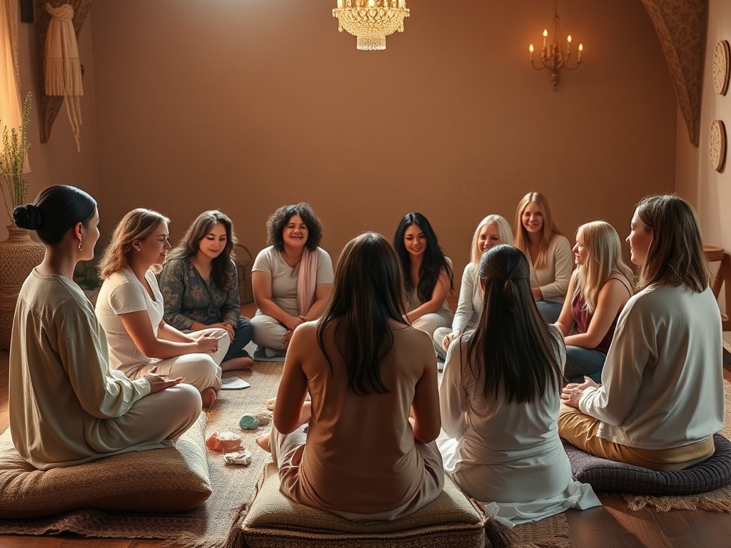 A warm, intimate circle of diverse women seated on cushions in a softly lit, earthy room; gentle glow, healing crystals, and a nurturing, safe atmosphere.