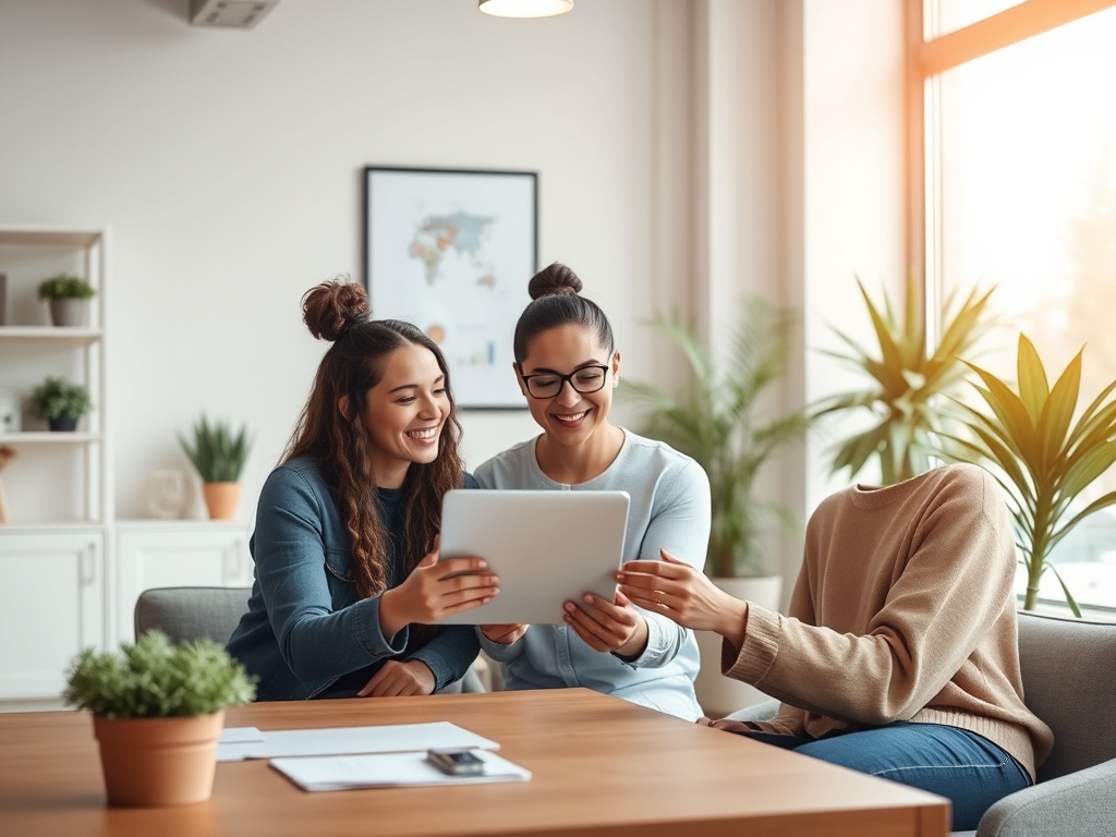 A bright modern workspace with three diverse entrepreneurs reviewing results on a tablet, cozy calm atmosphere, subtle time-saving visual cues, warm lighting, no logos.