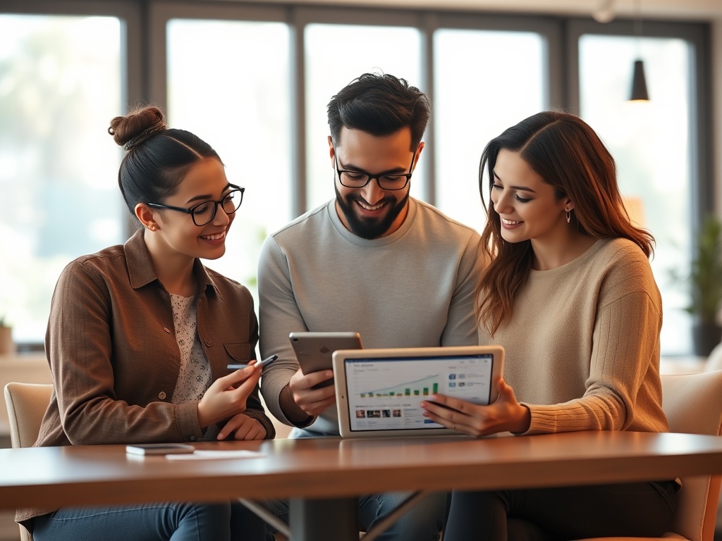 A bright modern workspace with three diverse entrepreneurs reviewing results on a tablet, cozy calm atmosphere, subtle time-saving visual cues, warm lighting, no logos.