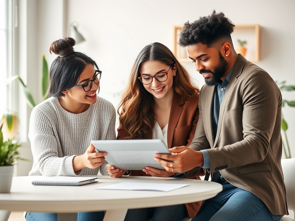 A bright modern workspace with three diverse entrepreneurs reviewing results on a tablet, cozy calm atmosphere, subtle time-saving visual cues, warm lighting, no logos.
