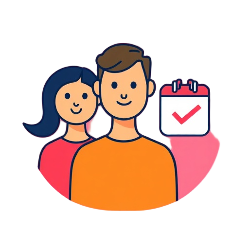 "team of three stylized figures" "calendar with 15-30 min marker" "checklist and play button"