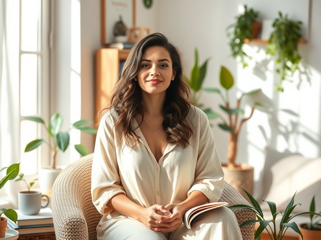"A serene, empowered woman in soft tones, sitting in a sunlit room with plants, journals and cozy decor, radiating calm and confidence."