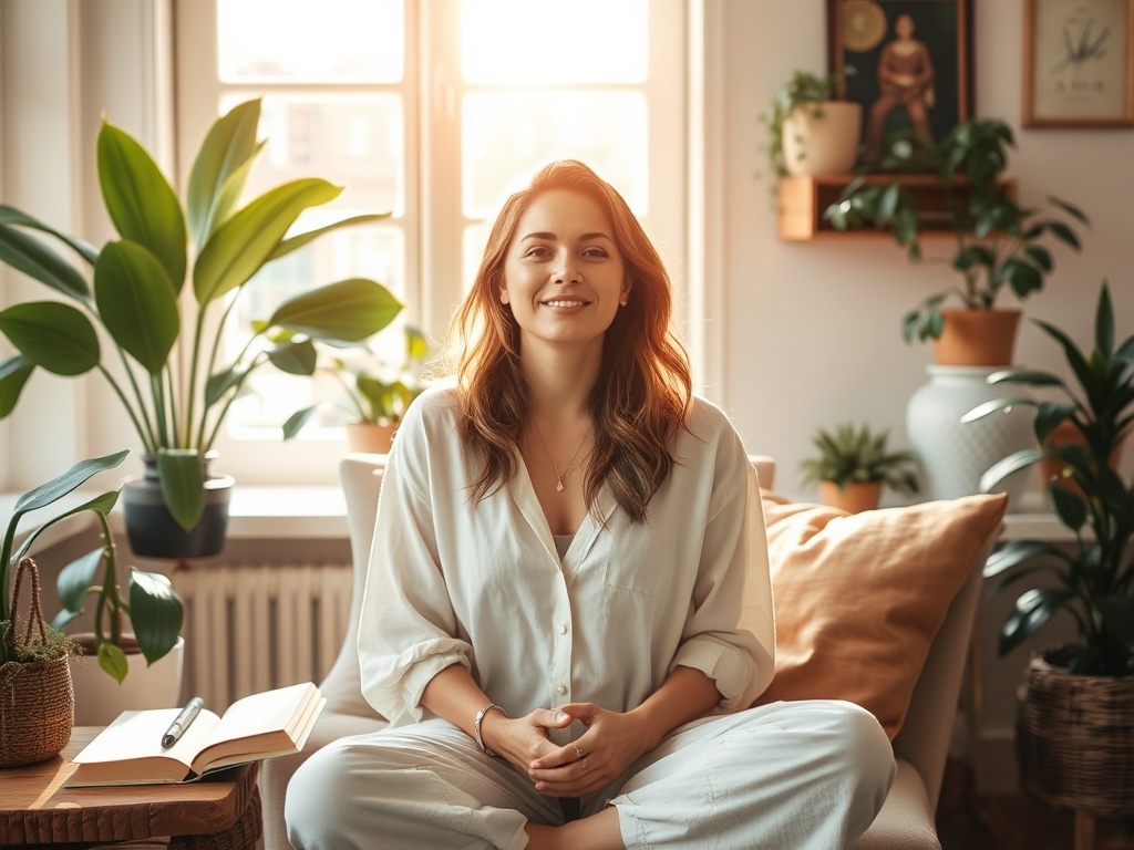 "A serene, empowered woman in soft tones, sitting in a sunlit room with plants, journals and cozy decor, radiating calm and confidence."