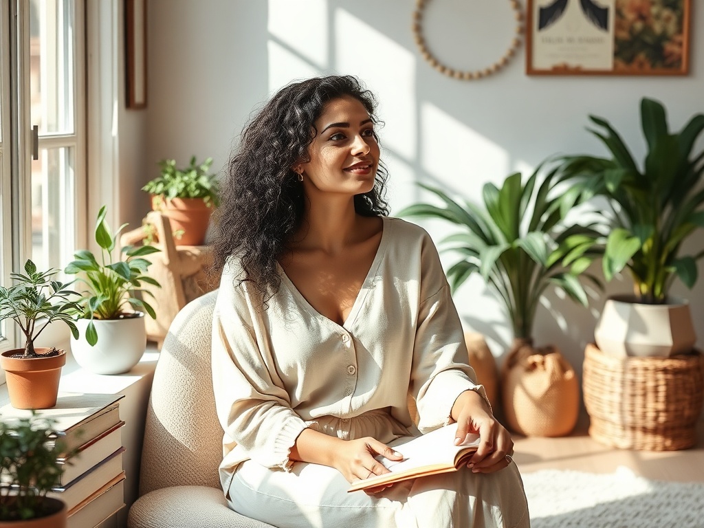 "A serene, empowered woman in soft tones, sitting in a sunlit room with plants, journals and cozy decor, radiating calm and confidence."