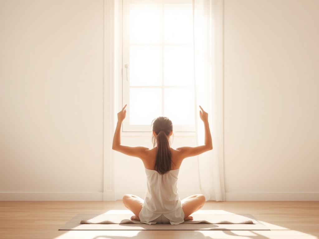 "A calm, empowered woman seated in a sunlit room, soft colors, subtle symbols of reflection, breath, and boundaries; Week 1-3 themes subtly illustrated through abstract shapes."